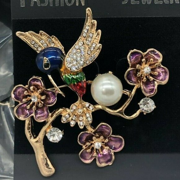 Jewelry - Hummingbird on Branch Pin Purple Enamel Flowers Crystal Pave Gold Plate NWT M393